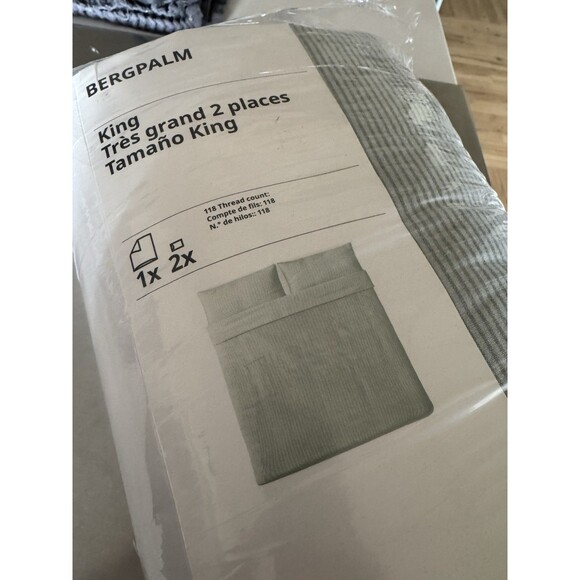 Ikea BERGPALM King Duvet Cover + 2 King Pillow Shams Green Stripe Cotton NEW - Picture 2 of 4